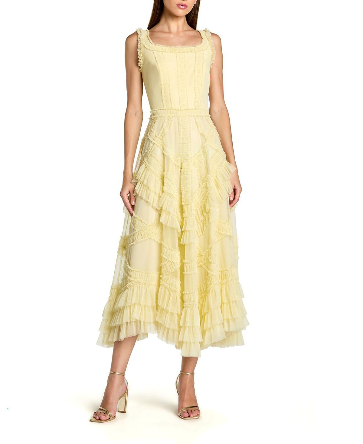 Mac Duggal Scoop Neck Sleeveless Mesh Micro Ruffle Midi Dress