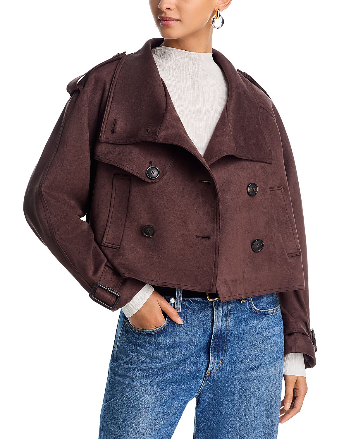 Aqua Cropped Faux Suede Trench Coat - Exclusive