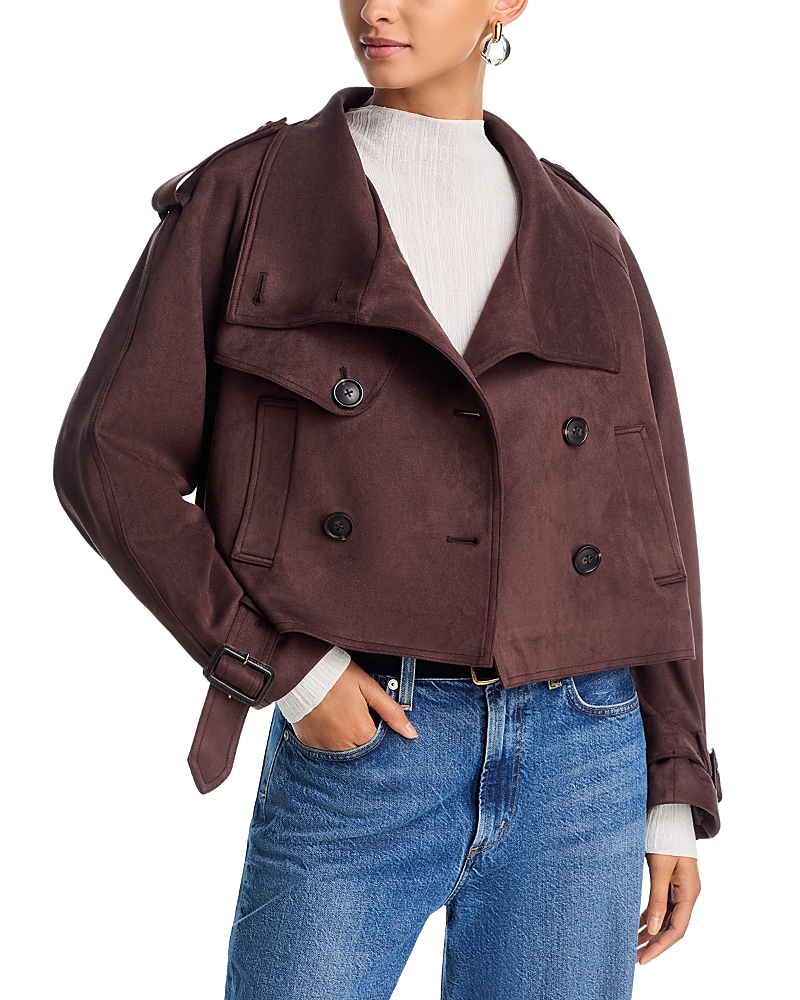 Aqua Cropped Faux Suede Trench Coat - Exclusive In Brown