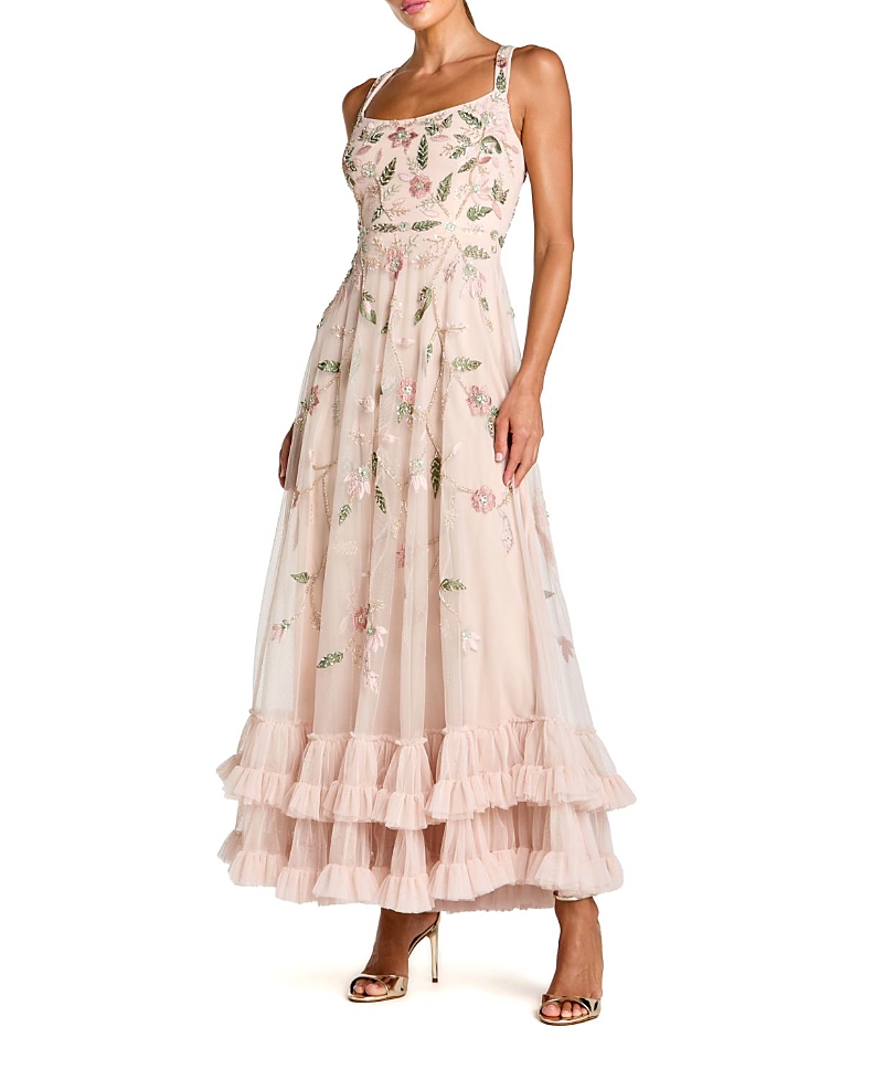 Mac Duggal Ruffle Midi Dress with Floral Embroidery