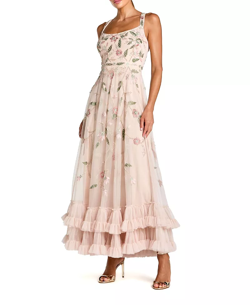 Mac Duggal Ruffle Midi Dress with Floral Embroidery