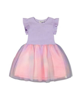  Girls' Short Flutter Sleeve Bi-Material Mesh Dress - Big Kid