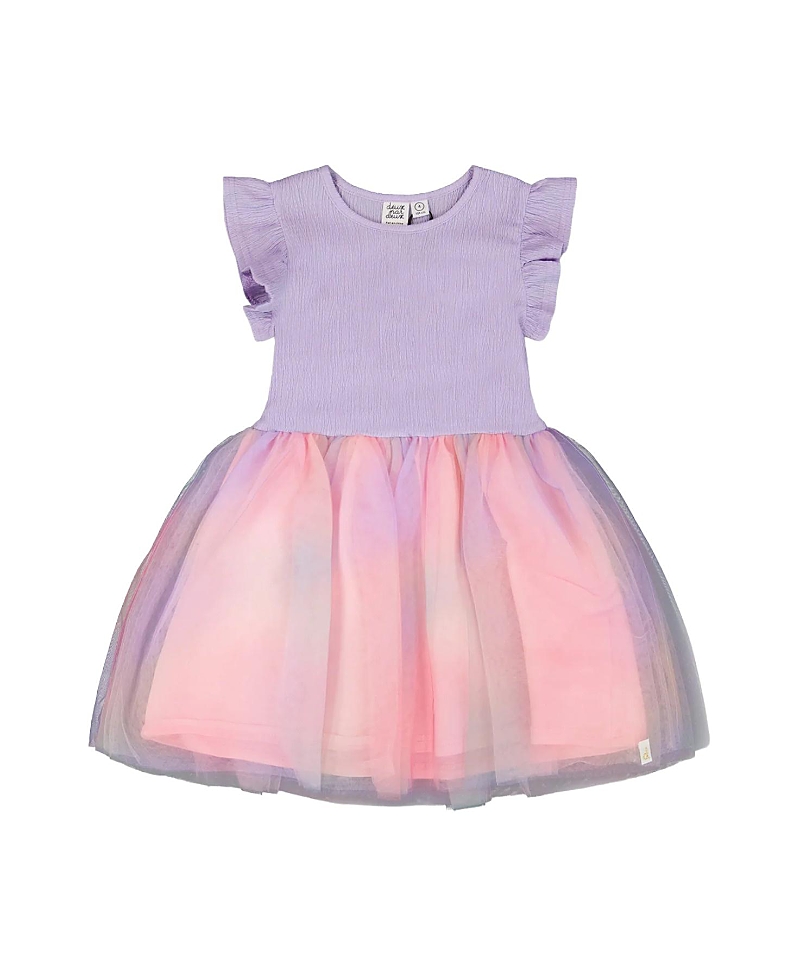 Deux par Deux Girls' Short Flutter Sleeve Bi-Material Mesh Dress - Big Kid