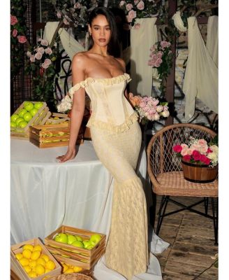  Ersilia Satin Lace Peplum Corset Off Shoulder Maxi Dress