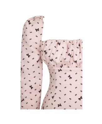  Perla Ruched Bust Velvet-Embossed Bow Mini Dress