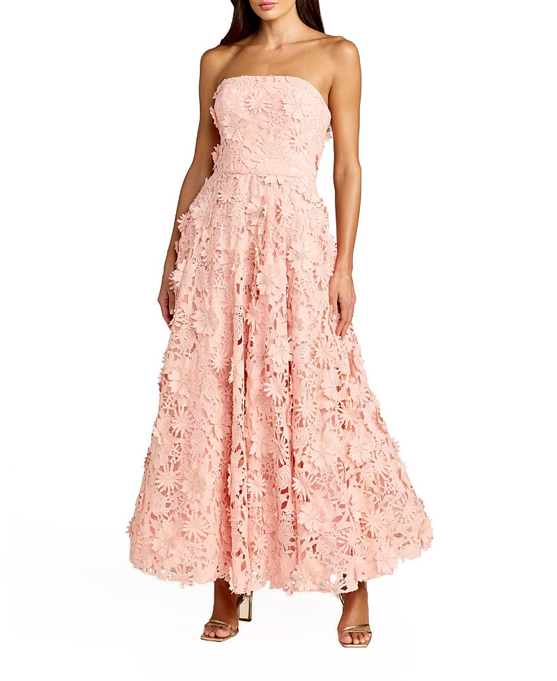 Mac Duggal Floral Lace Strapless A Line Midi Dress