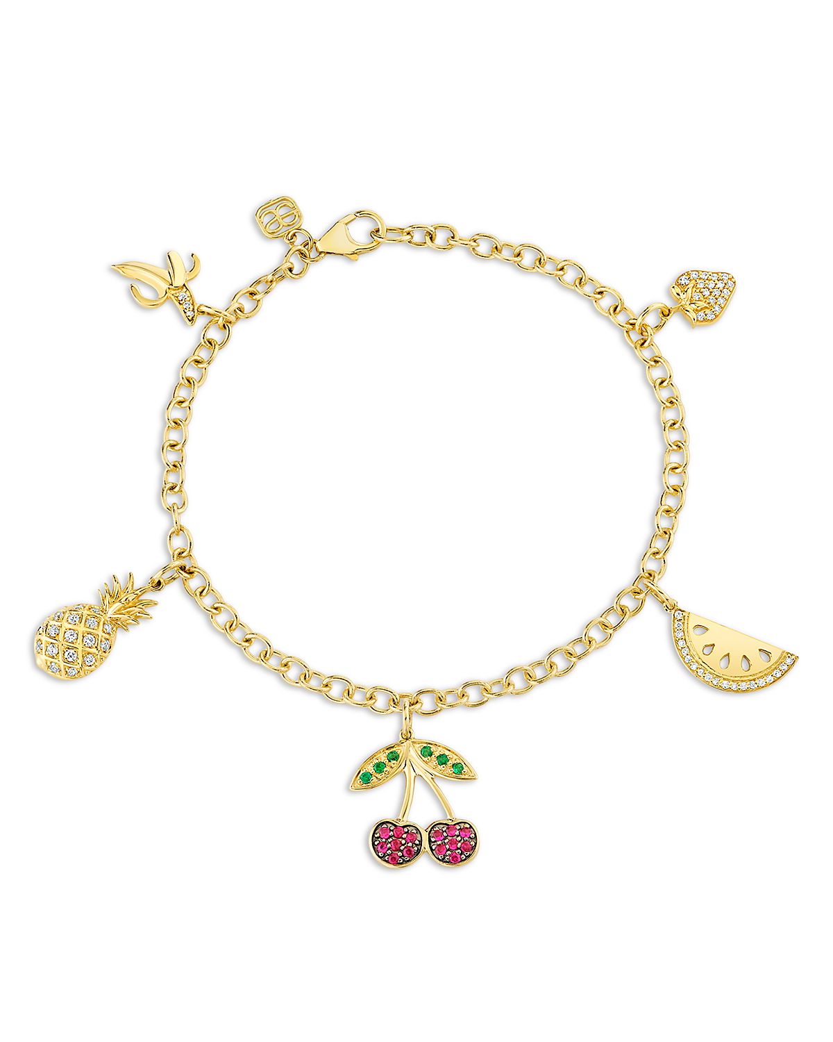 Sydney Evan 14K Yellow Gold The Terra Ruby, Emerald, & Diamond Fruit Charm Bracelet