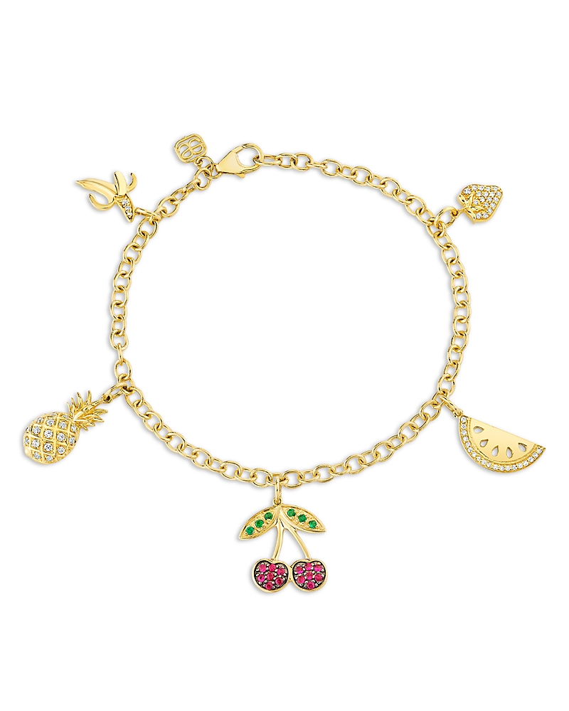 Sydney Evan 14K Yellow Gold The Terra Ruby, Emerald, & Diamond Fruit Charm Bracelet