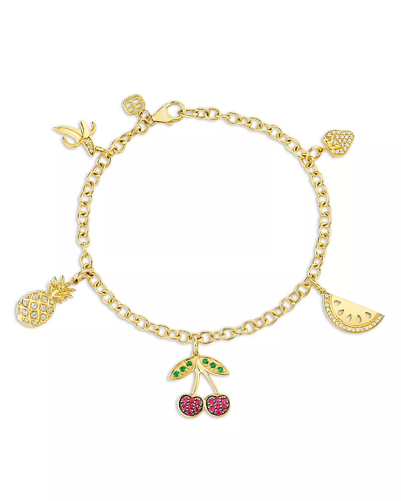 Sydney Evan 14K Yellow Gold The Terra Ruby, Emerald, & Diamond Fruit Charm Bracelet