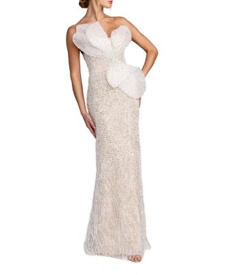  Sequin Organza Strapless Bow Detail Column Gown