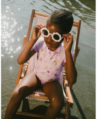 Girls' One-Piece Short Sleeve Flower Swimsuit - Big Kid