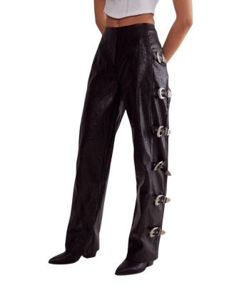  Faux Leather Buckle Detail Pants