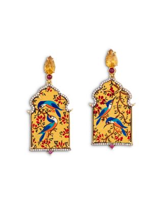 18K Yellow Gold Kashmir Ruby, Diamond & Citrine Bluebird Paper Mache Window Drop Earrings