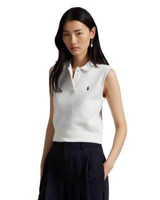 Cotton Cropped Sleeveless Polo Sweater
