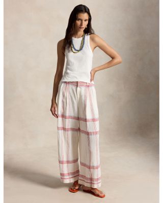 Plaid Linen Wide Leg Cropped Pants