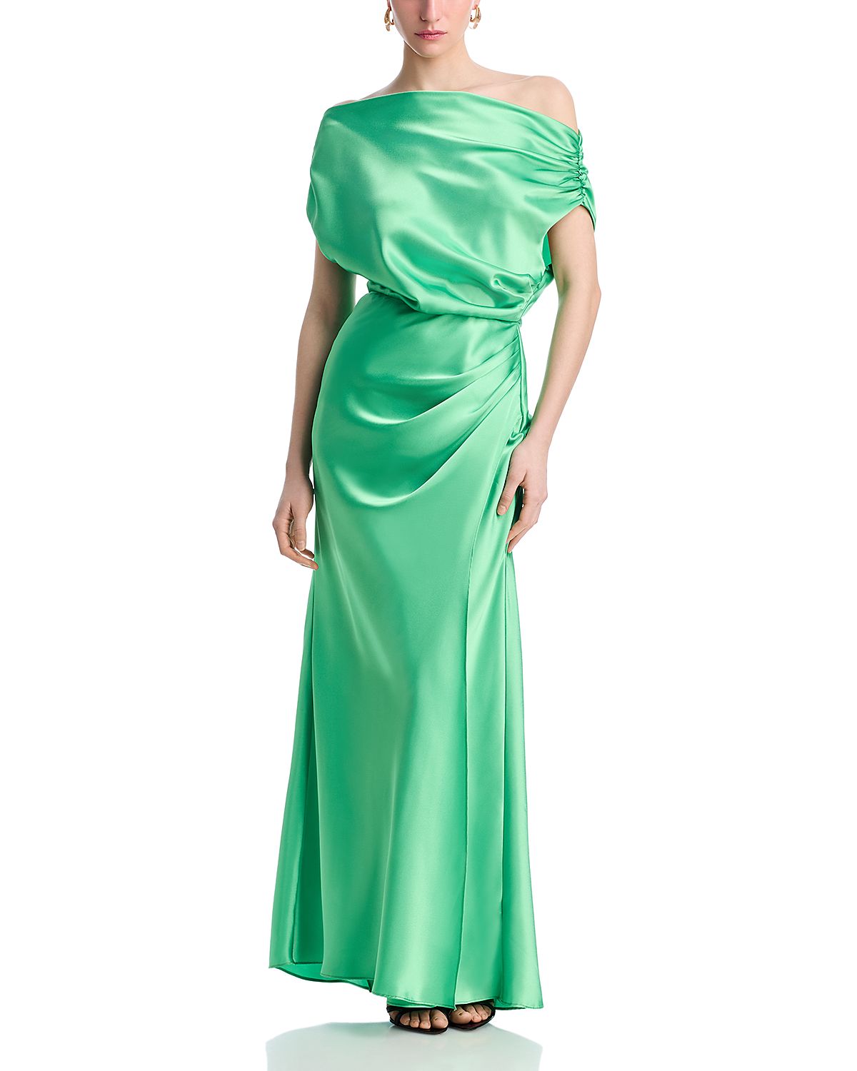 Aqua Satin Off The Shoulder Dress - Exclusive