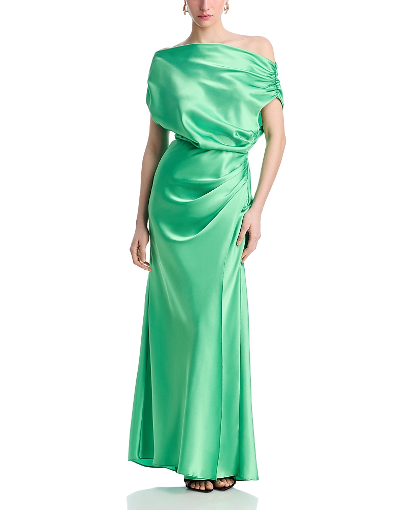 Aqua Satin Off The Shoulder Dress - Exclusive