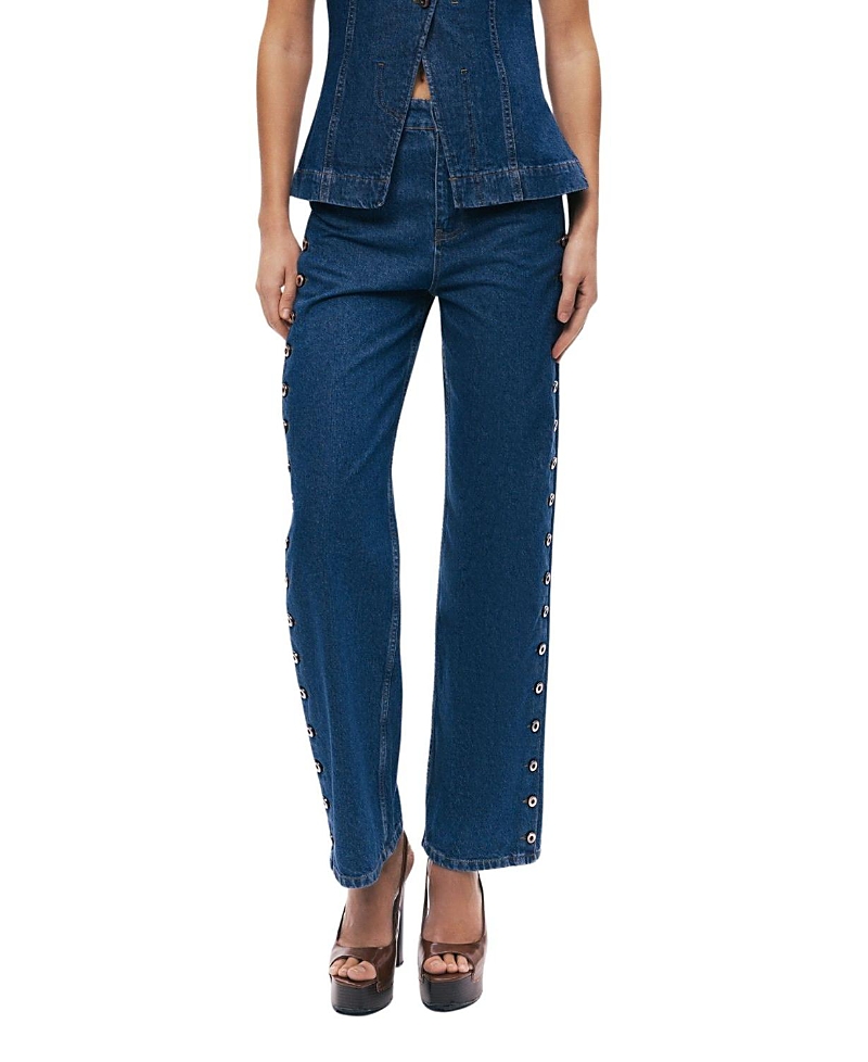 Nocturne Eyelet Detail Wide-Leg Denim Pants in Medium Blue
