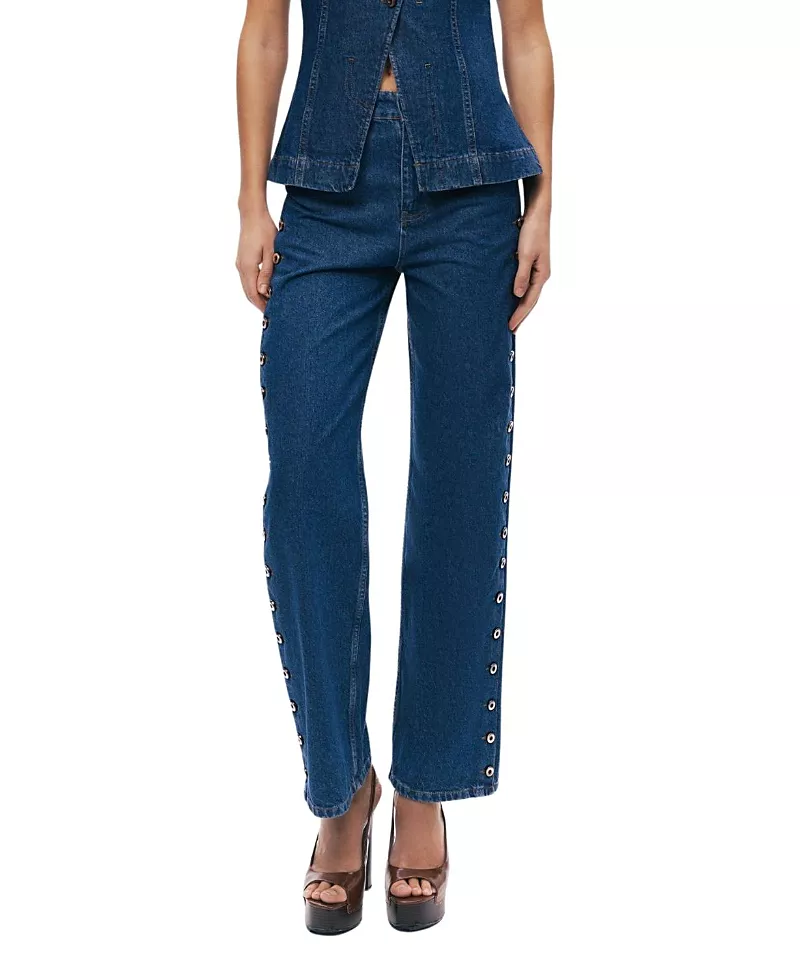 Nocturne Eyelet Detail Wide-Leg Denim Pants in Medium Blue