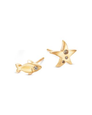 14K Yellow Gold Diamond Fish & Starfish Mismatch Stud Earrings - Exclusive