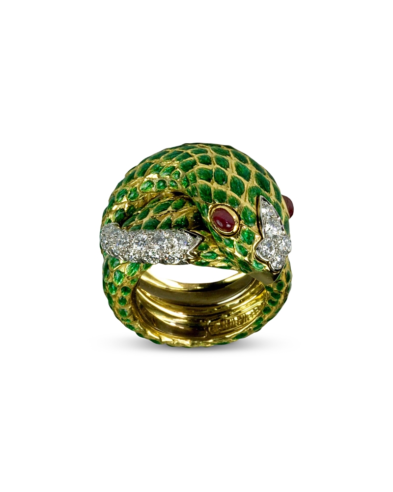 David Webb David Web Platinum & 18k Yellow Gold Kingdom Ruby, Diamond & Enamel Snake Ring
