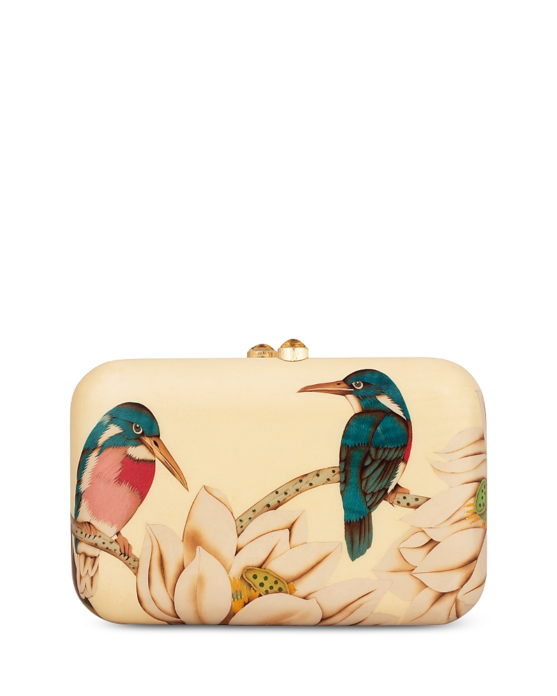 Silvia Furmanovich 18K Yellow Gold Kashmir Citrine, Gold Leaf Inlay, Bird Print Marquetry Wood Clutch
