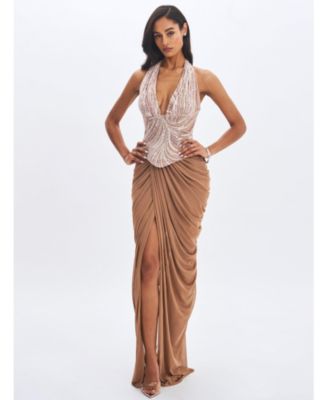  Nancie Beaded Halter Peplum Pleated Maxi Dress