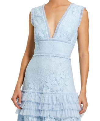  V Neck Lace Tiered Ruffle Gown