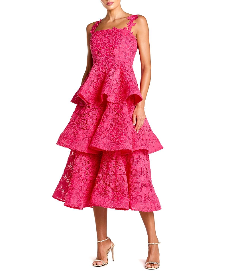 Mac Duggal Sleeveless Embroidered Lace Ruffle Midi Dress