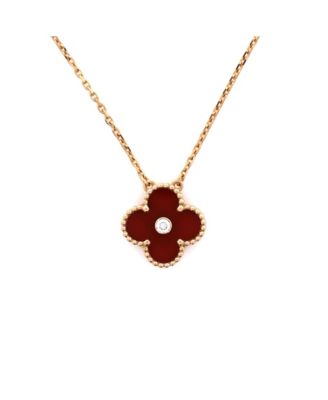  Vintage Alhambra Pendant Necklace 18K Rose Gold and Carnelian with Diamond, 16.25"