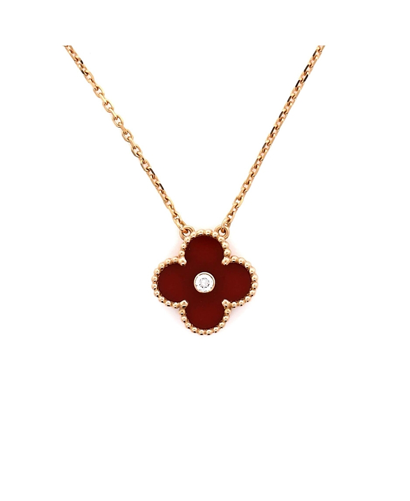 Pre-Owned Van Cleef & Arpels Vintage Alhambra Pendant Necklace 18K Rose Gold and Carnelian with Diamond, 16.25"