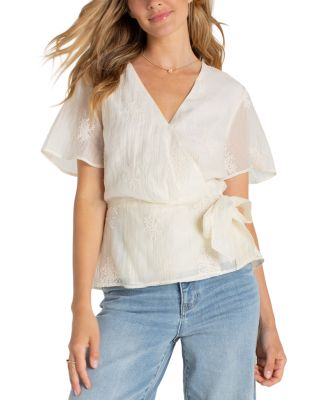 Short Sleeve Wrap Front Woven Top with Tie