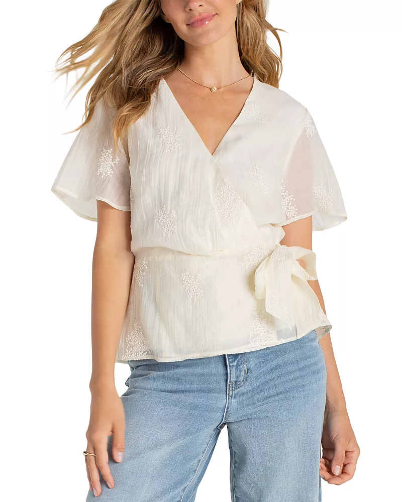 Liverpool Los Angeles Short Sleeve Wrap Front Woven Top with Tie