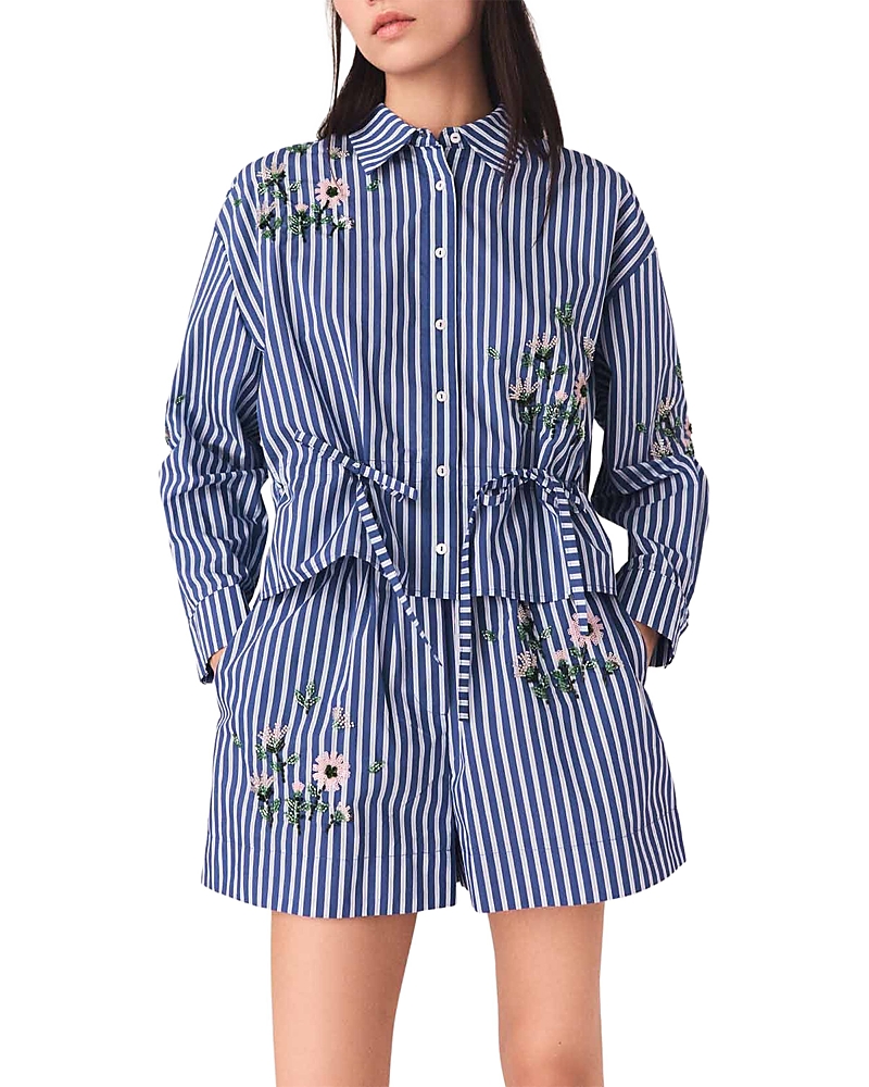 Maje Beaded Floral Striped Shirt