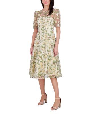 Three Quarter Sleeve Short Dress with Illusion Yoke