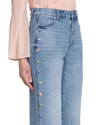 Stone Embellished Stretch Denim Wide Leg Jeans in Flutter Wash