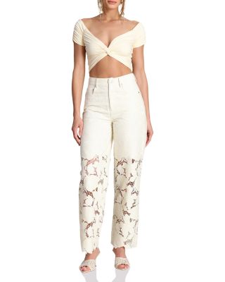 Guipure Lace Wide Leg Jeans in Off White