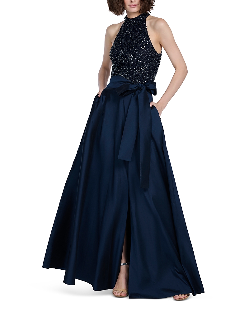 Emily Shalant Glass Beaded Mock Neck Gown