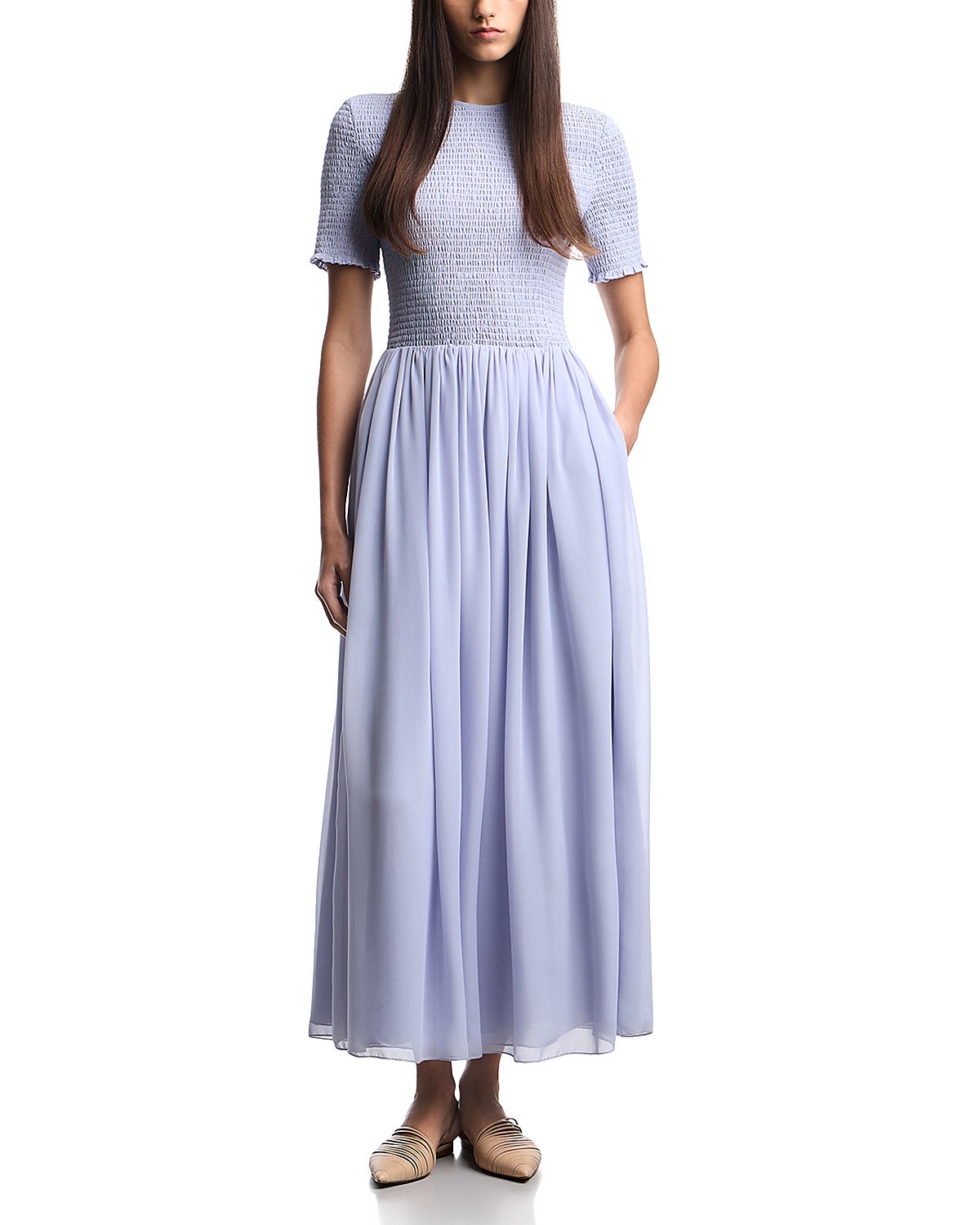 Emporio Armani Techno Georgette Smocked Bodice Midi Dress