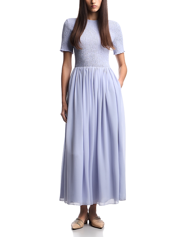 Emporio Armani Techno Georgette Smocked Bodice Midi Dress