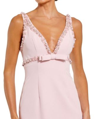 Crepe Fitted Midi Dress with Bow And Beaded Trim