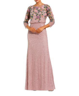  Floral Embellished Long Sleeve Gown
