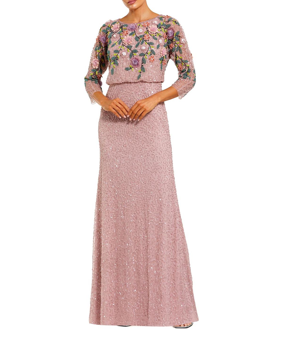 Mac Duggal Floral Embellished Long Sleeve Gown