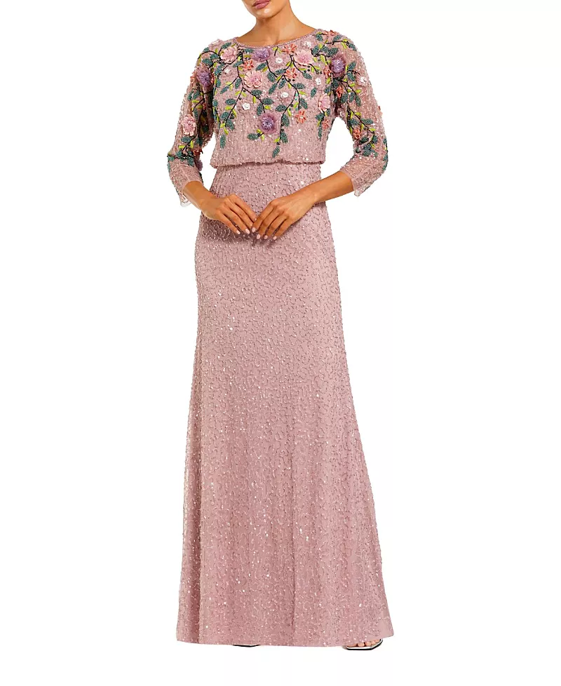 Mac Duggal Floral Embellished Long Sleeve Gown