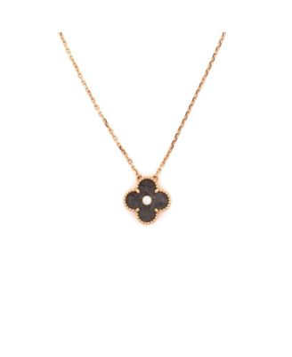 Vintage Alhambra Pendant Necklace 18K Rose Gold and Silver Obsidian with Diamond, 16.25"