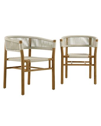 Vienna Outdoor Patio Teak and Rope Curved-Back Dining Armchairs, Set of 2