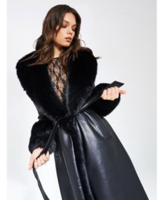  Zaida Faux Fur Trim Faux Leather Coat