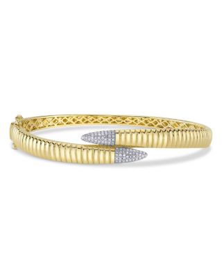 14K Yellow Gold Diamond Pav&eacute; Ridge Texture Bypass Bangle Bracelet