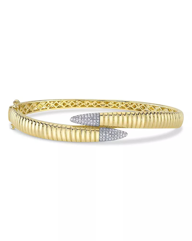 Shy Creation 14K Yellow Gold Diamond Pave Ridge Texture Bypass Bangle Bracelet