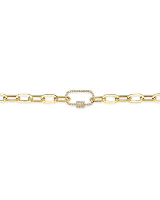 14K Yellow Gold Diamond Pav&eacute; Carabiner Clasp Paperclip Link Necklace, 18"